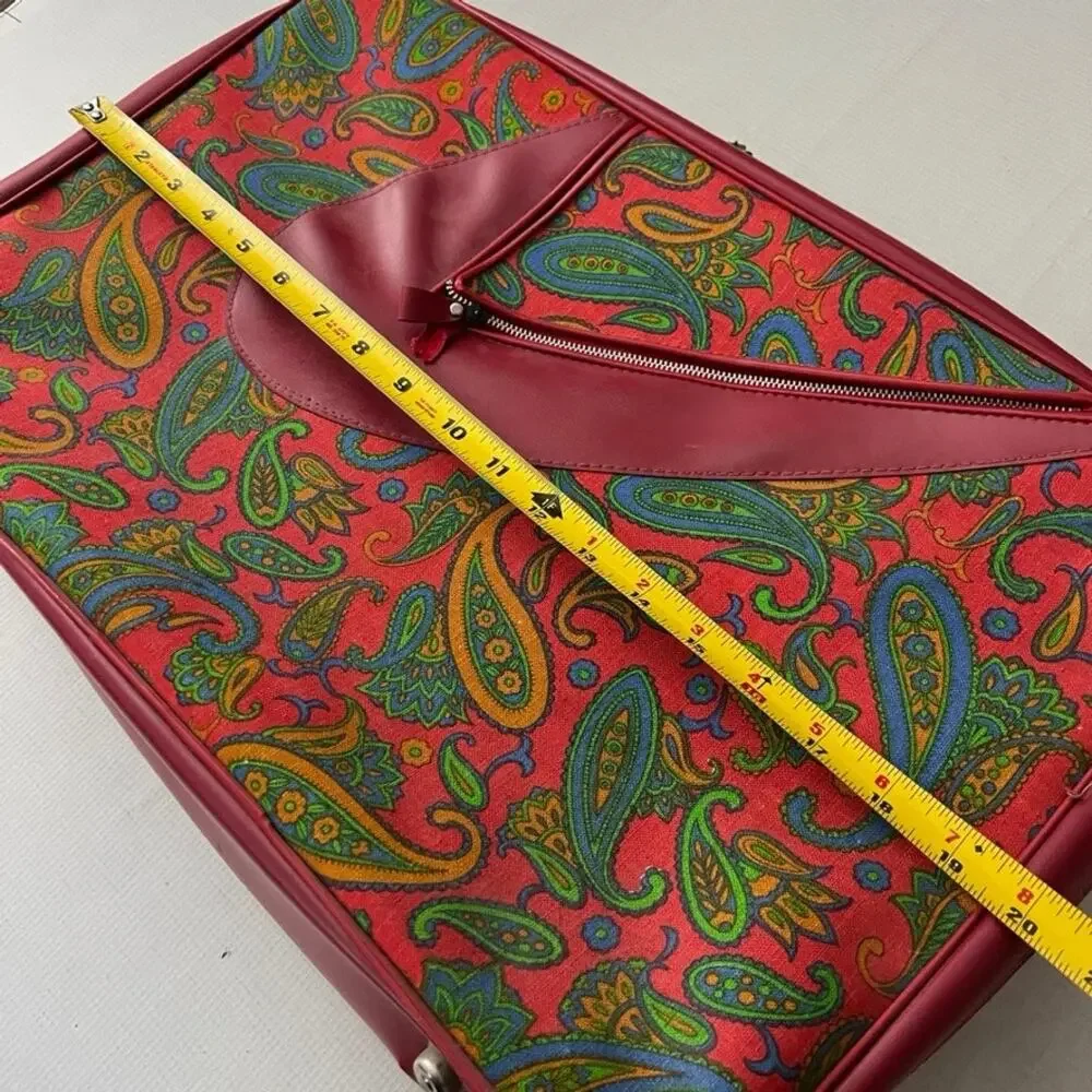 Vintage 60's 70's Paisley Red Travel Luggage Overnight